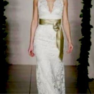 Ivory Jim Hjelm wedding gown w/ champagne sash. (Not olive as pictured)